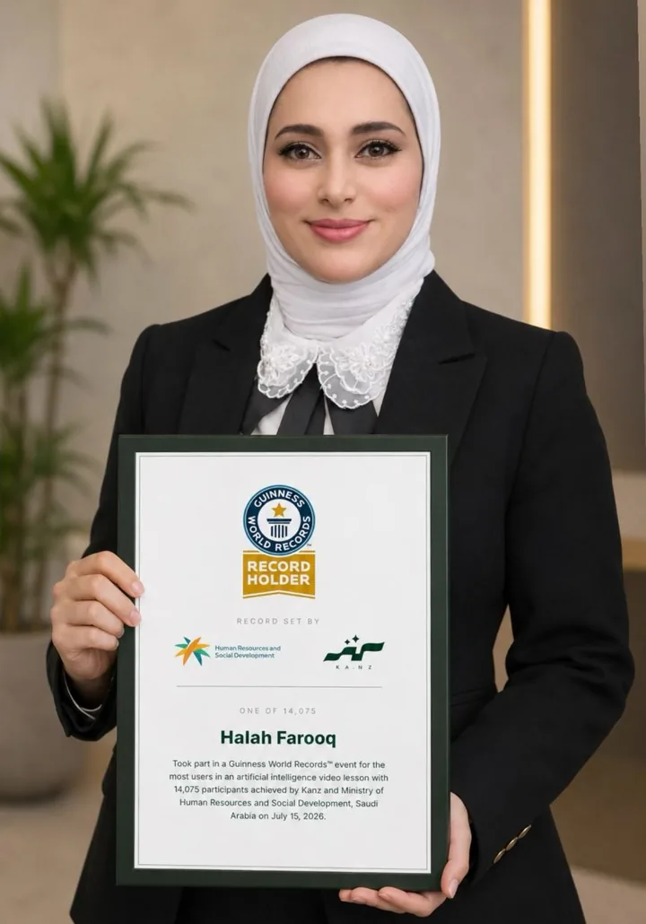 A Kanz hackathon participant holding his Guinness World Records certificate